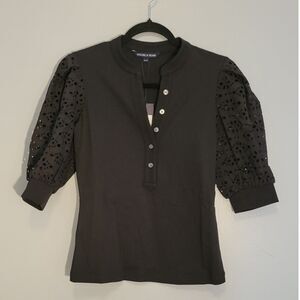 NWTs Veronica Beard Black Coralee Top with Lace Sleeves, Women's X-Small Classic
